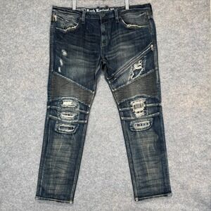 Rock Revival Moto Jezek Jeans Mens 40 40x32 Slim Straight Biker Distressed Blue